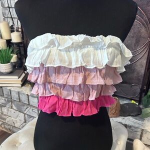 Lush pink white burgundy tiered boning RUFFLE CROP TOP with tie NWT